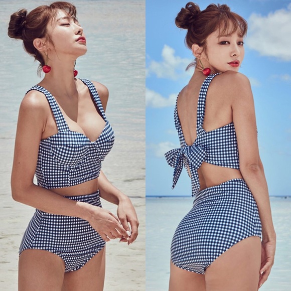 NEW Blue/White Gingham Push-Up High Waist Two Piece Bikini - Picture 2 of 7